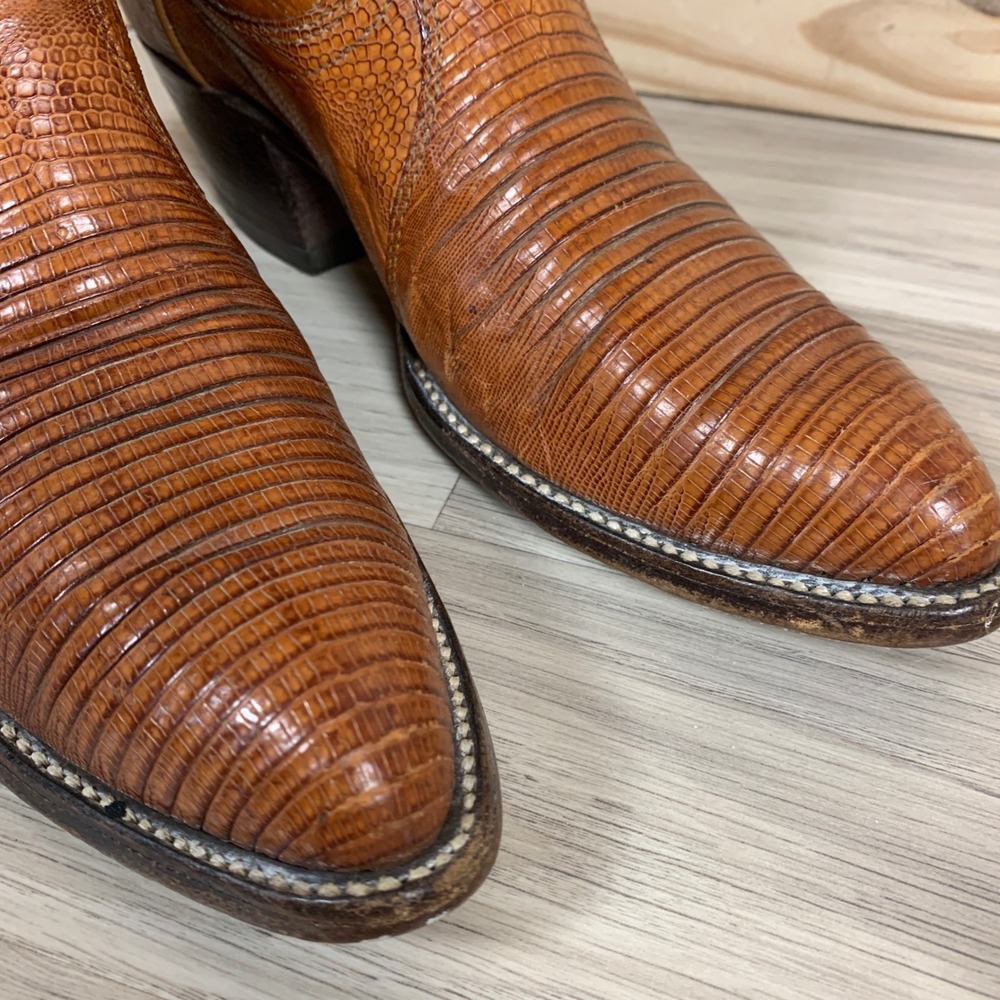 Vtg Dan Post Western Boots Women 7A Cognac Brown Lizard Skin Pointed Toe Cowgirl - Picture 2 of 13